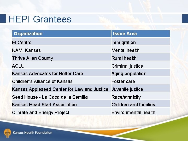 HEPI Grantees Organization Issue Area El Centro Immigration NAMI Kansas Mental health Thrive Allen