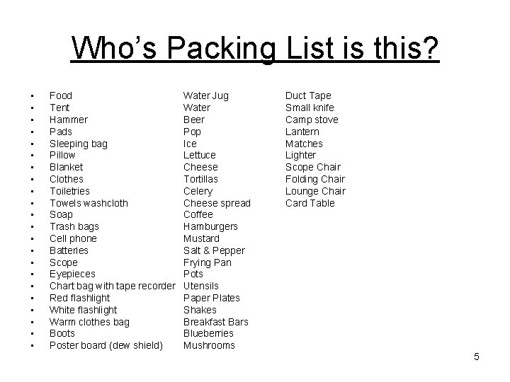 Who’s Packing List is this? • • • • • • Food Tent Hammer Who’s Packing List is this? • • • • • • Food Tent Hammer