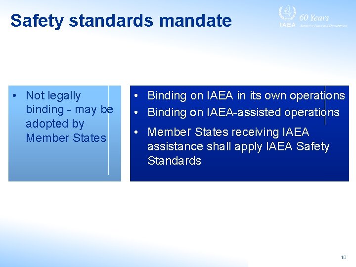 Safety standards mandate • Not legally binding - may be adopted by Member States