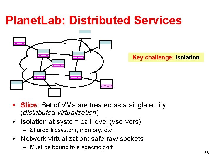 Planet. Lab: Distributed Services Key challenge: Isolation • Slice: Set of VMs are treated