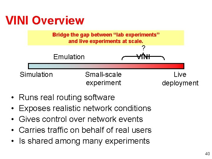 VINI Overview Bridge the gap between “lab experiments” and live experiments at scale. ?