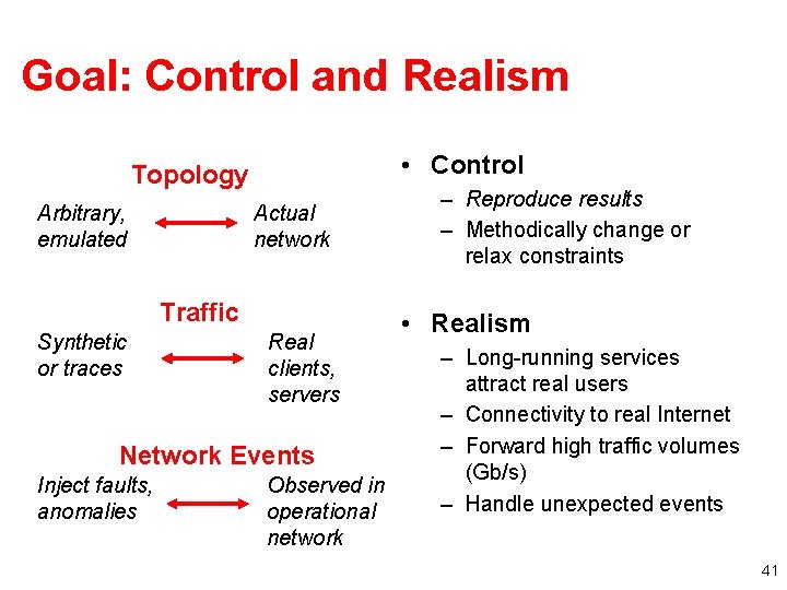 Goal: Control and Realism • Control Topology Arbitrary, emulated Actual network Traffic Synthetic or