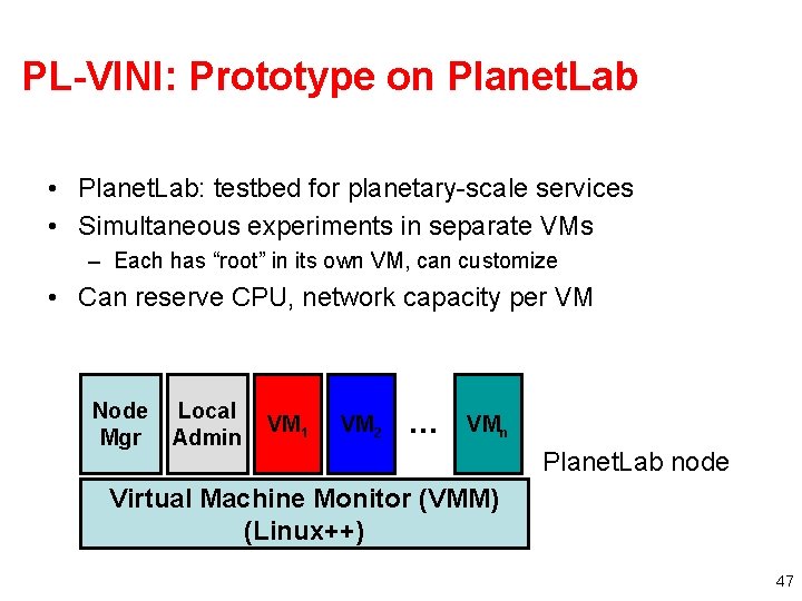 PL-VINI: Prototype on Planet. Lab • Planet. Lab: testbed for planetary-scale services • Simultaneous