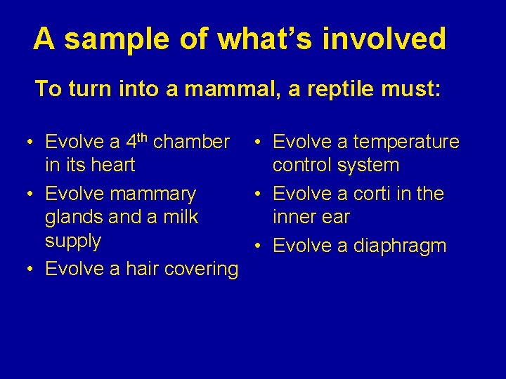 A sample of what’s involved To turn into a mammal, a reptile must: •