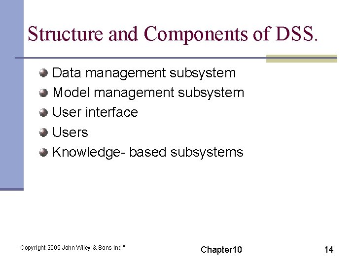 Structure and Components of DSS. Data management subsystem Model management subsystem User interface Users