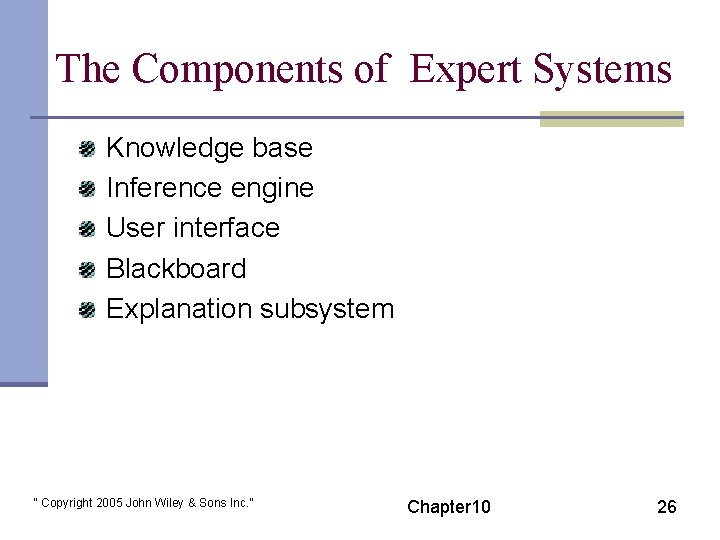 The Components of Expert Systems Knowledge base Inference engine User interface Blackboard Explanation subsystem