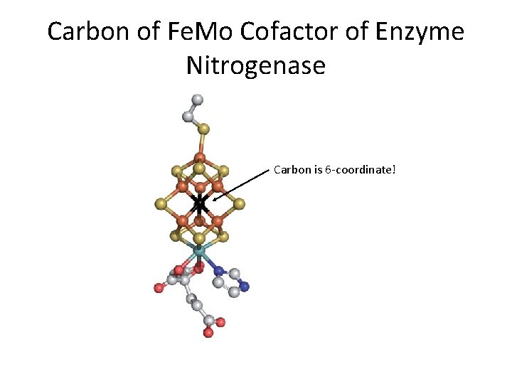 Carbon of Fe. Mo Cofactor of Enzyme Nitrogenase Carbon is 6 -coordinate! Carbon of Fe. Mo Cofactor of Enzyme Nitrogenase Carbon is 6 -coordinate!