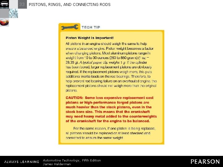 33 PISTONS, RINGS, AND CONNECTING RODS TECH TIP: Piston Weight Is Important! All pistons