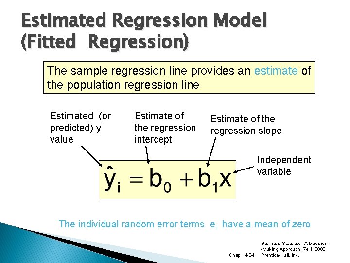 Estimated Regression Model (Fitted Regression) The sample regression line provides an estimate of the