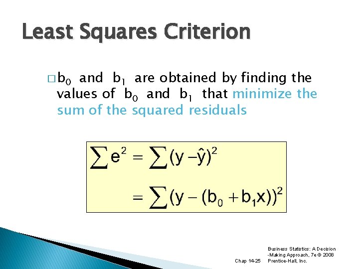 Least Squares Criterion � b 0 and b 1 are obtained by finding the