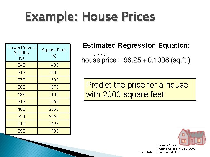 Example: House Prices House Price in $1000 s (y) Square Feet (x) 245 1400