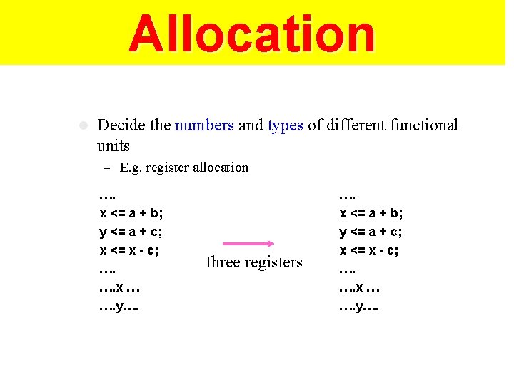 Allocation l Decide the numbers and types of different functional units – E. g.