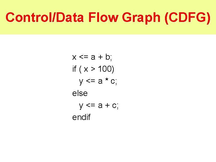 Control/Data Flow Graph (CDFG) x <= a + b; if ( x > 100)