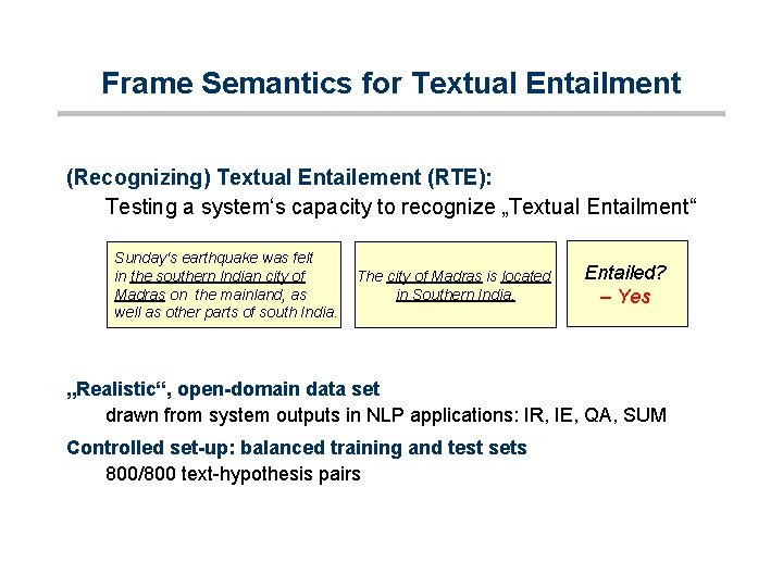 Frame Semantics for Textual Entailment (Recognizing) Textual Entailement (RTE): Testing a system‘s capacity to