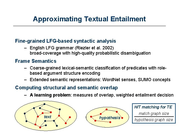 Approximating Textual Entailment Fine-grained LFG-based syntactic analysis – English LFG grammar (Riezler et al.