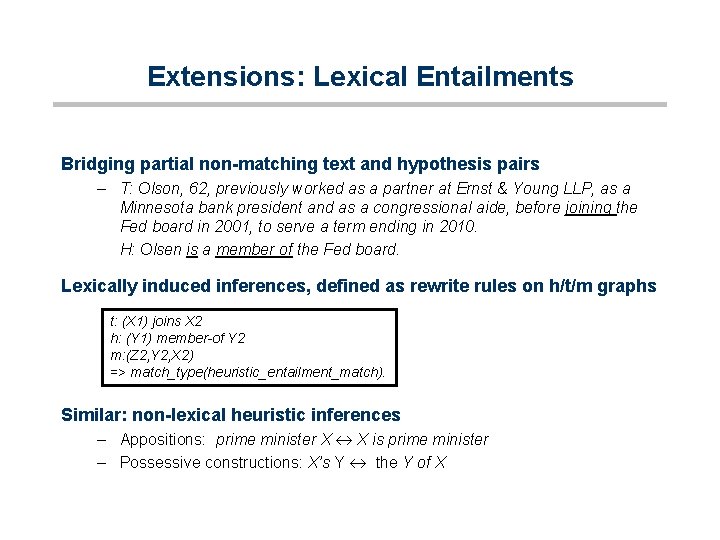 Extensions: Lexical Entailments Bridging partial non-matching text and hypothesis pairs – T: Olson, 62,