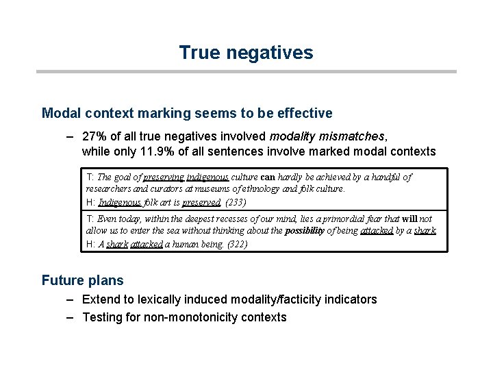 True negatives Modal context marking seems to be effective – 27% of all true