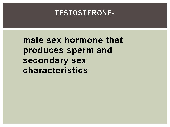 TESTOSTERONE- male sex hormone that produces sperm and secondary sex characteristics 