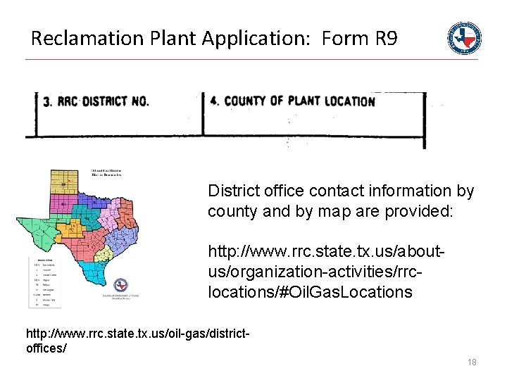 Reclamation Plant Application: Form R 9 District office contact information by county and by