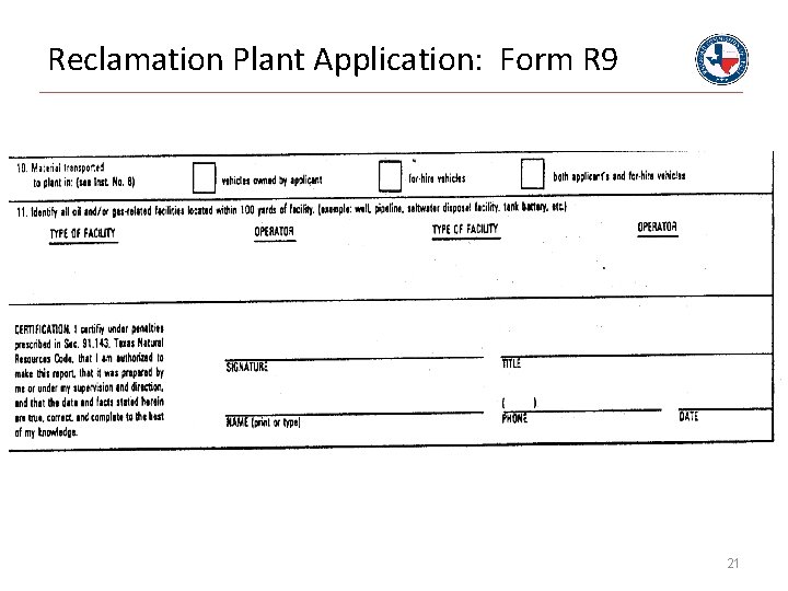 Reclamation Plant Application: Form R 9 21 
