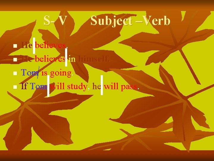 S- V n n Subject –Verb He believes in himself. Tom is going. If