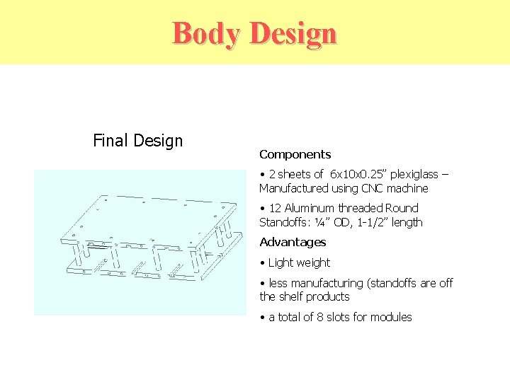 Body Design Final Design Components • 2 sheets of 6 x 10 x 0.