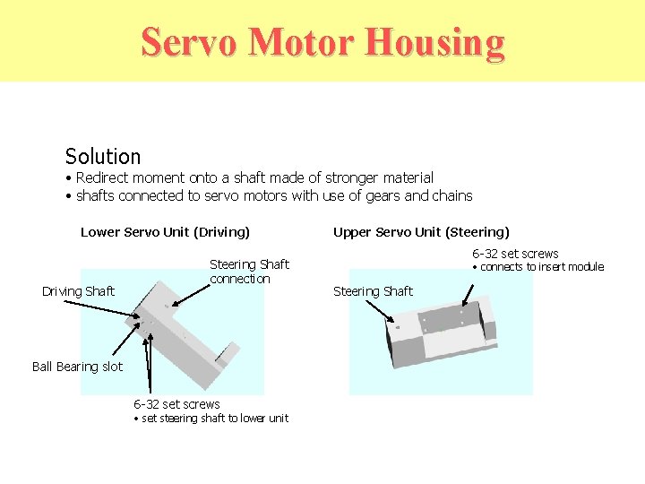 Servo Motor Housing Solution • Redirect moment onto a shaft made of stronger material