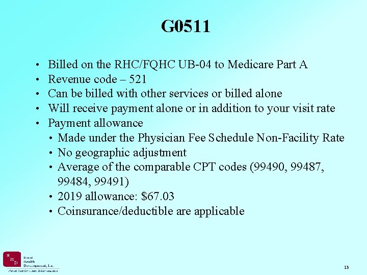 G 0511 • • • Billed on the RHC/FQHC UB-04 to Medicare Part A
