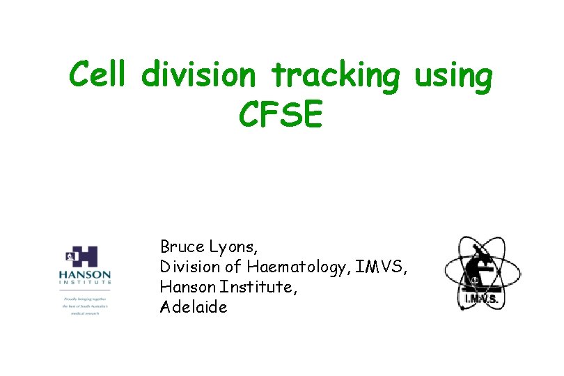 Cell division tracking using CFSE Bruce Lyons, Division of Haematology, IMVS, Hanson Institute, Adelaide