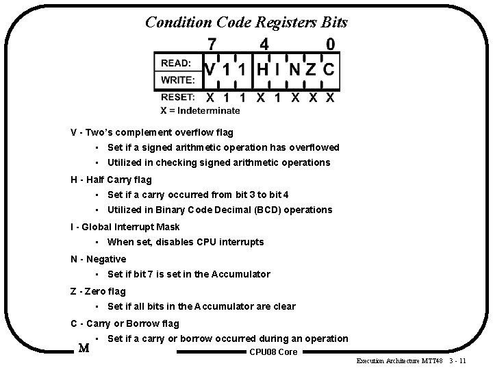 Condition Code Registers Bits V - Two’s complement overflow flag • Set if a