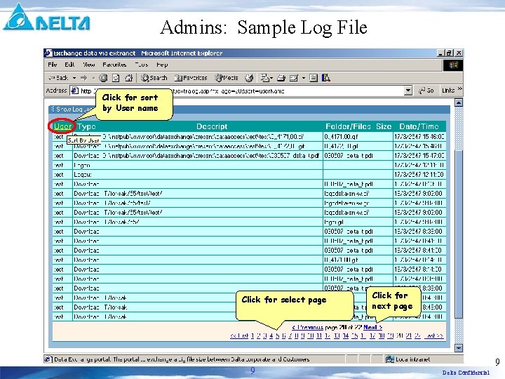 Admins: Sample Log File Click for sort by User name Click for select page