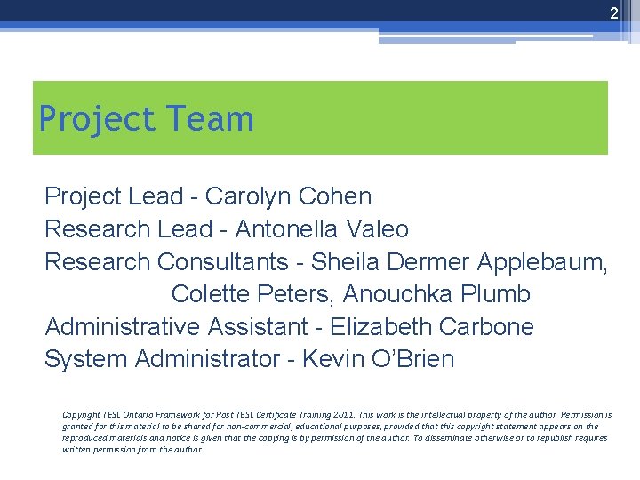 2 Project Team Project Lead - Carolyn Cohen Research Lead - Antonella Valeo Research