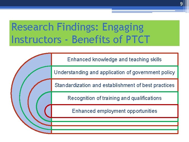 9 Research Findings: Engaging Instructors - Benefits of PTCT Enhanced knowledge and teaching skills
