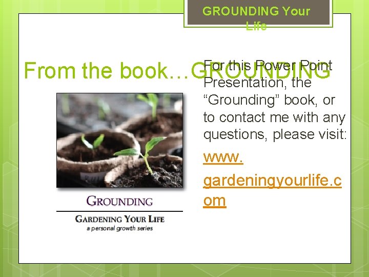 GROUNDING Your Life For this Power Point From the book…GROUNDING Presentation, the “Grounding” book,
