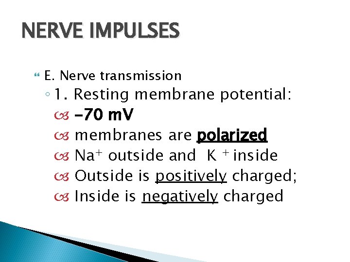 NERVE IMPULSES E. Nerve transmission ◦ 1. Resting membrane potential: -70 m. V membranes