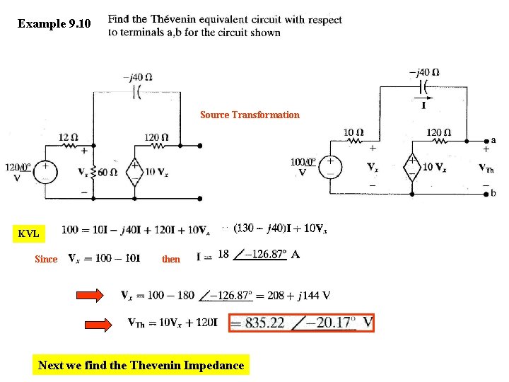 Example 9. 10 Source Transformation KVL Since then Next we find the Thevenin Impedance