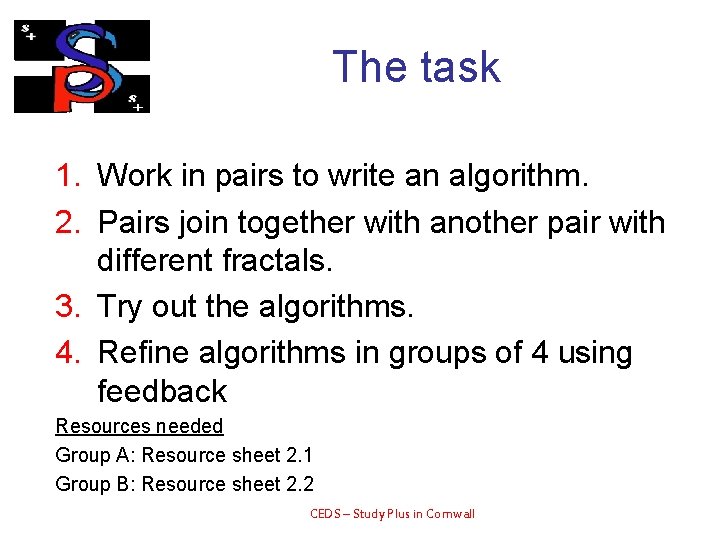 The task 1. Work in pairs to write an algorithm. 2. Pairs join together