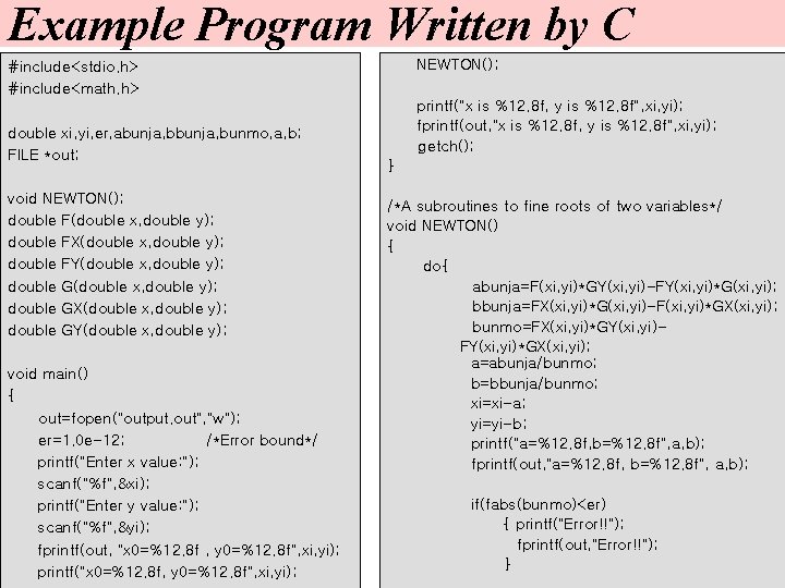 Example Program Written by C NEWTON(); #include<stdio. h> #include<math. h> double xi, yi, er,