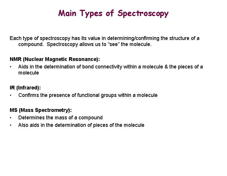 Main Types of Spectroscopy Each type of spectroscopy has its value in determining/confirming the