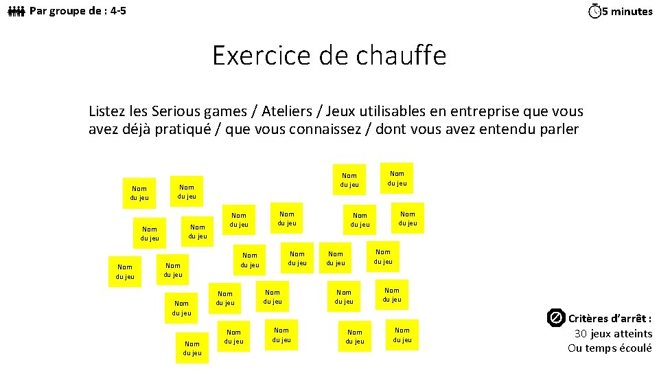Par groupe de : 4 -5 5 minutes Exercice de chauffe Listez les Serious