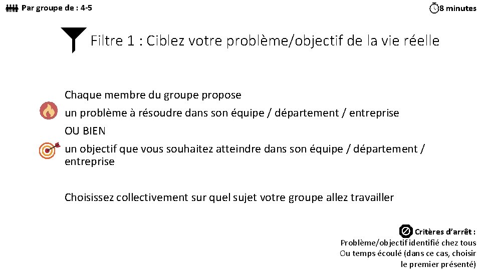 Par groupe de : 4 -5 8 minutes Filtre 1 : Ciblez votre problème/objectif