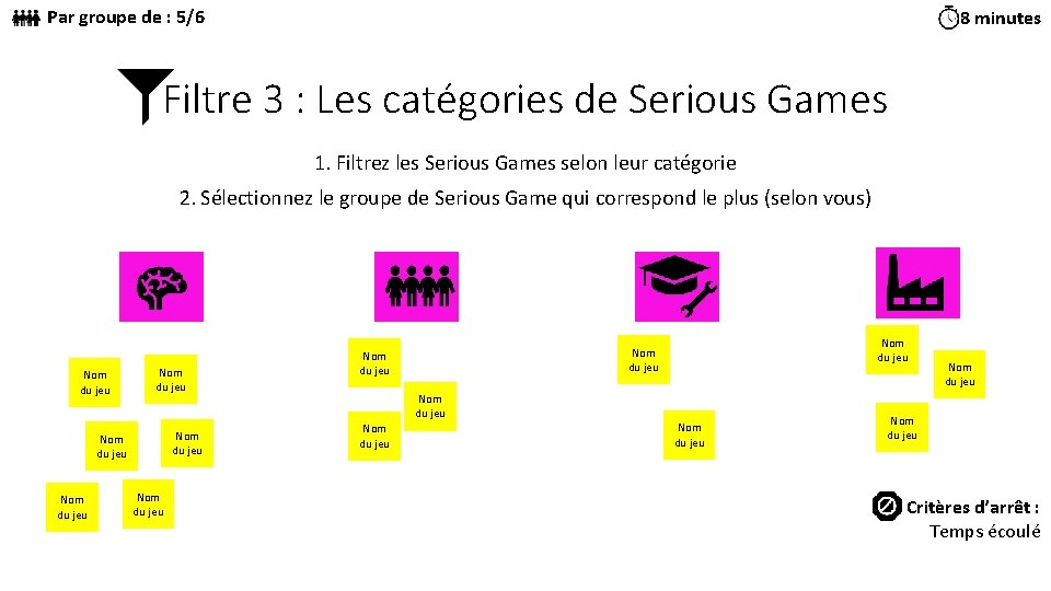 Par groupe de : 5/6 8 minutes Filtre 3 : Les catégories de Serious