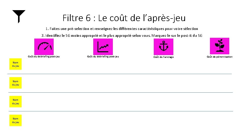 Filtre 6 : Le coût de l’après-jeu 1. Faites une pré-selection et renseignez les