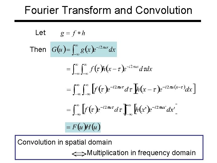 Fourier Transform and Convolution Let Then Convolution in spatial domain Multiplication in frequency domain