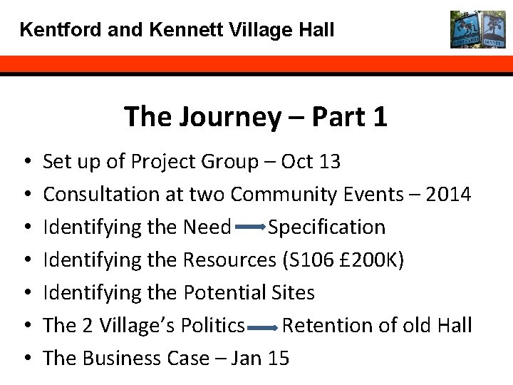 Kentford and Kennett Village Hall The Journey – Part 1 • • Set up