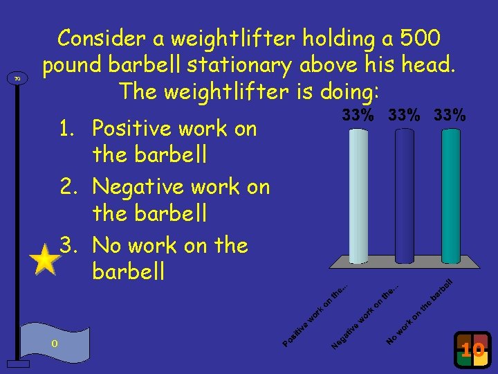 70 Consider a weightlifter holding a 500 pound barbell stationary above his head. The 70 Consider a weightlifter holding a 500 pound barbell stationary above his head. The