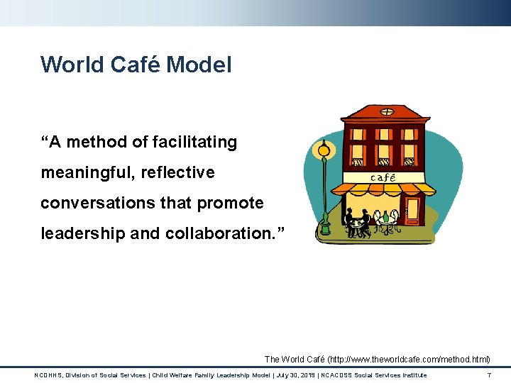 World Café Model “A method of facilitating meaningful, reflective conversations that promote leadership and