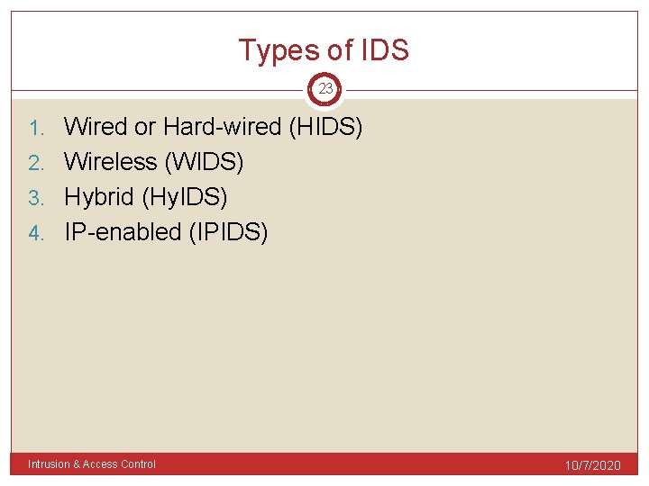 Types of IDS 23 1. Wired or Hard-wired (HIDS) 2. Wireless (WIDS) 3. Hybrid