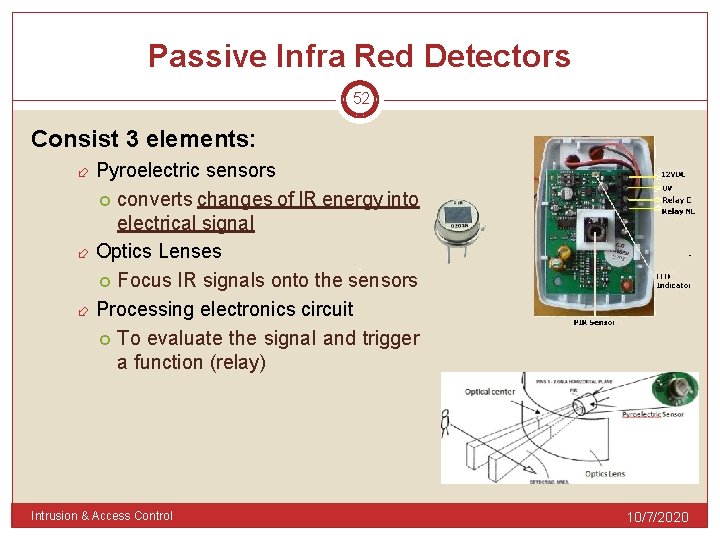 Passive Infra Red Detectors 52 Consist 3 elements: Pyroelectric sensors converts changes of IR