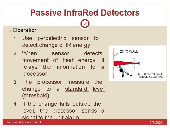 Passive Infra. Red Detectors 54 Operation Use pyroelectric sensor to detect change of IR